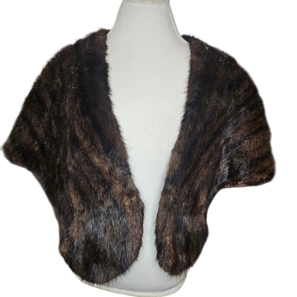 1950s Brown Beaver Fur Stole Shawl Cape Wrap Jacket Old Money Mod MCM Sz S/M - Picture 2 of 14